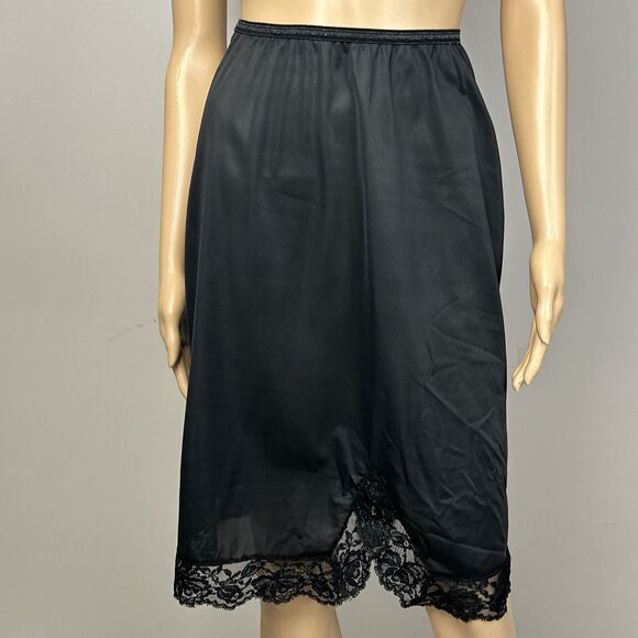 Vintage Rogers Half Slip Size Small Average Black Nylon Lace Walking Slit 1960s - Picture 1 of 7